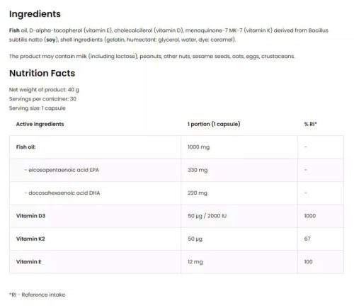 OstroVit Pharma Elite Omega 3 D3 + K2 30 caps (utolsó 2 db készleten)