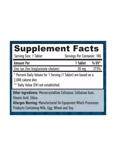 Haya Labs - Chelated Zinc (Bisglycinate) 30 mg -  100 tabletta