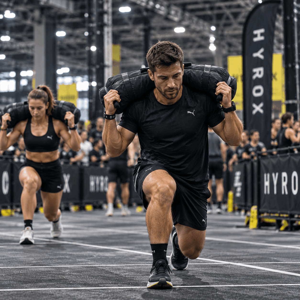 Sandbag Lunges – kitörés homokzsákkal a HYROX versenyen
